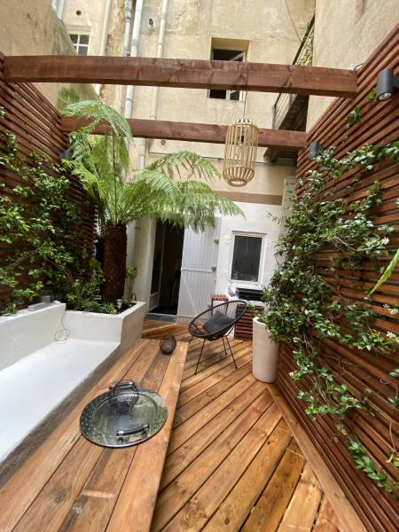 terrasse bois, blanc et vert